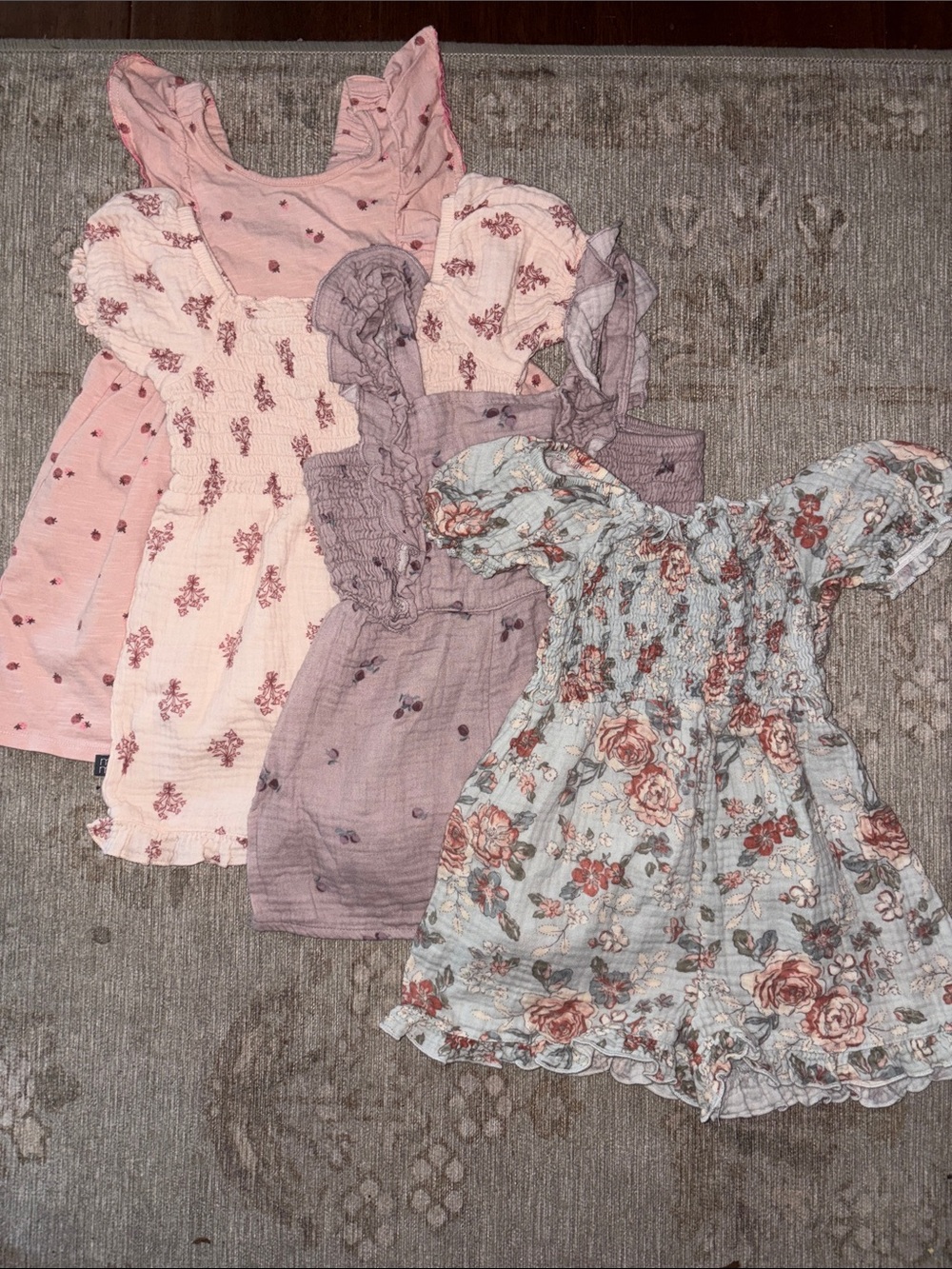 Bundle Modern Moments (worn few) strawberry dress, 3 brand new Romper/Jumpers.